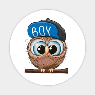 Cute little owl with big eyes and a cap with the inscription boy Magnet